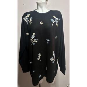 VTG Cervelle Sweater Women’s 1X Black with Blue Floral Embroidery Grandma Core